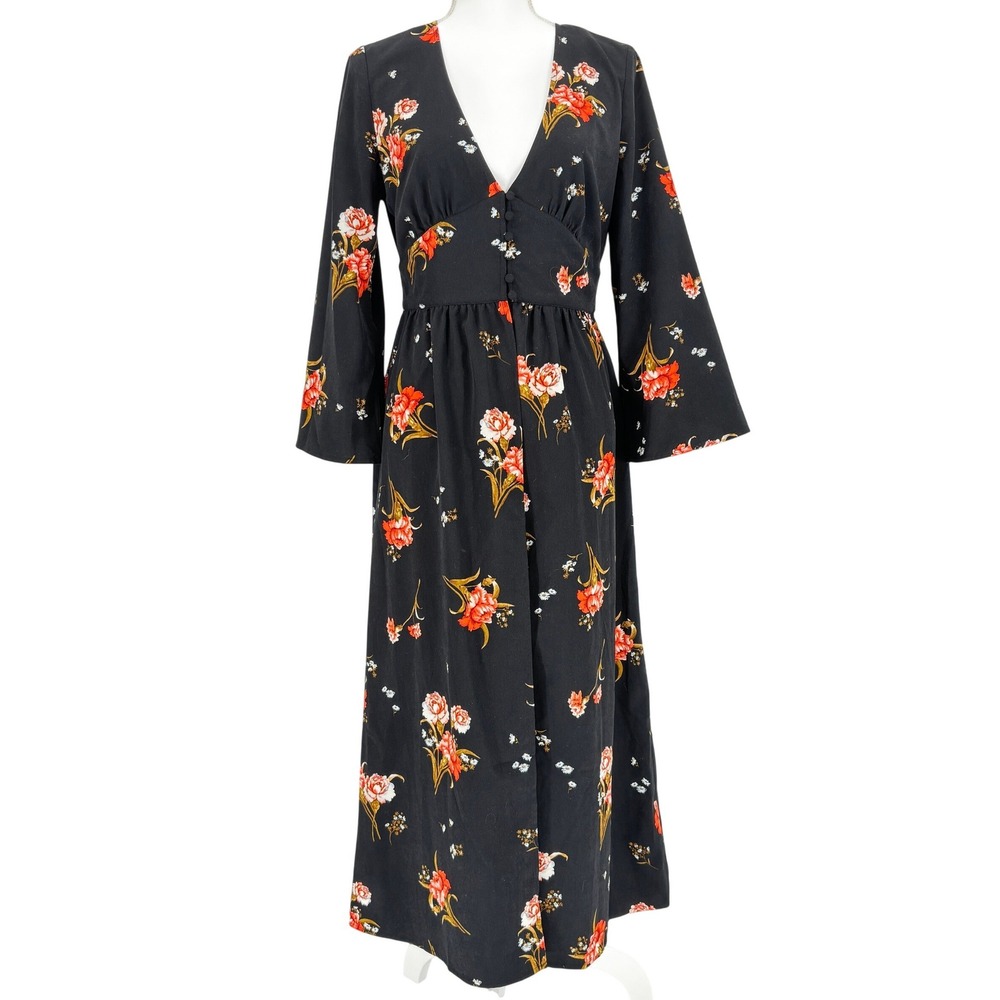 Black Floral Button Midi Open Dress Kimono Duster Bell Sleeve Romantic Boho